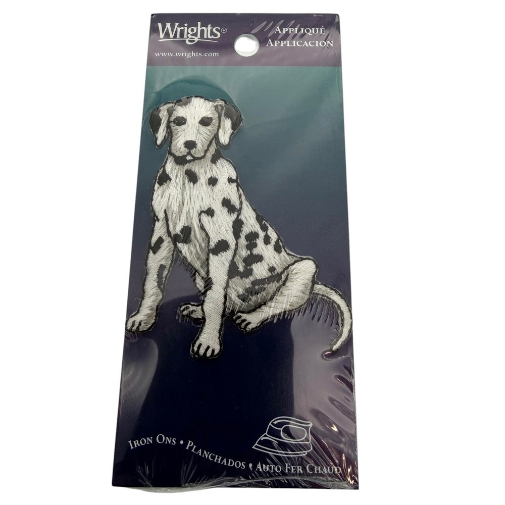 Vintage Wrights Dalmatian Dog Iron On Applique Embroidered Patch White Black